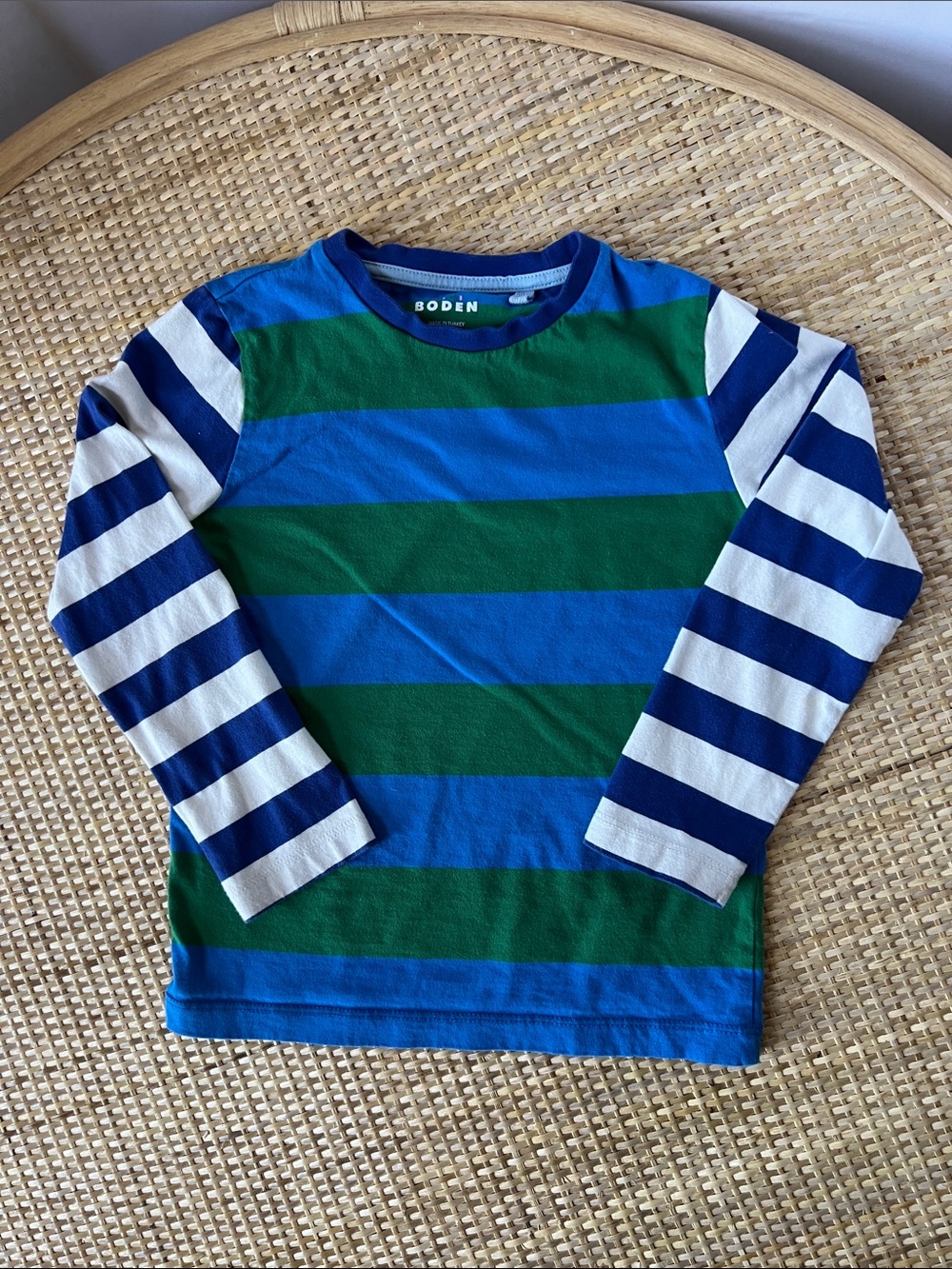 Boden stripe Colorblock long-sleeve cotton t-shirt blue green white Boys 5-6 yrs